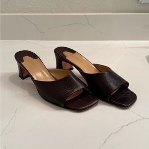 Anne Taylor Embossed Leather Brown Kitten Heels, Leather Mules, Vintage Heels